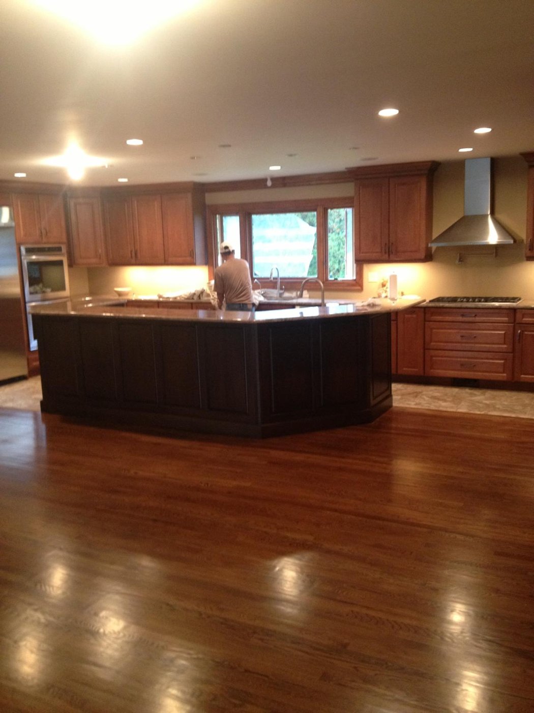 Completed cherry and espresso kitchen hardwood floors Bergen County NJ Bergen Remodeling