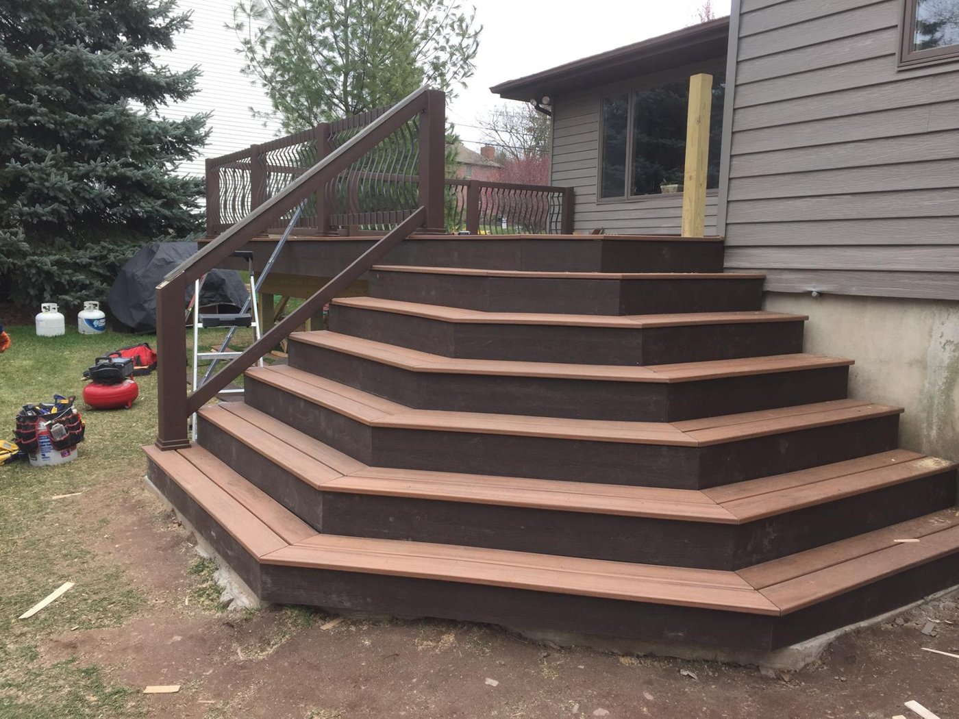 Completed composite deck with cascading stairs Bergen County NJ Bergen Remodeling
