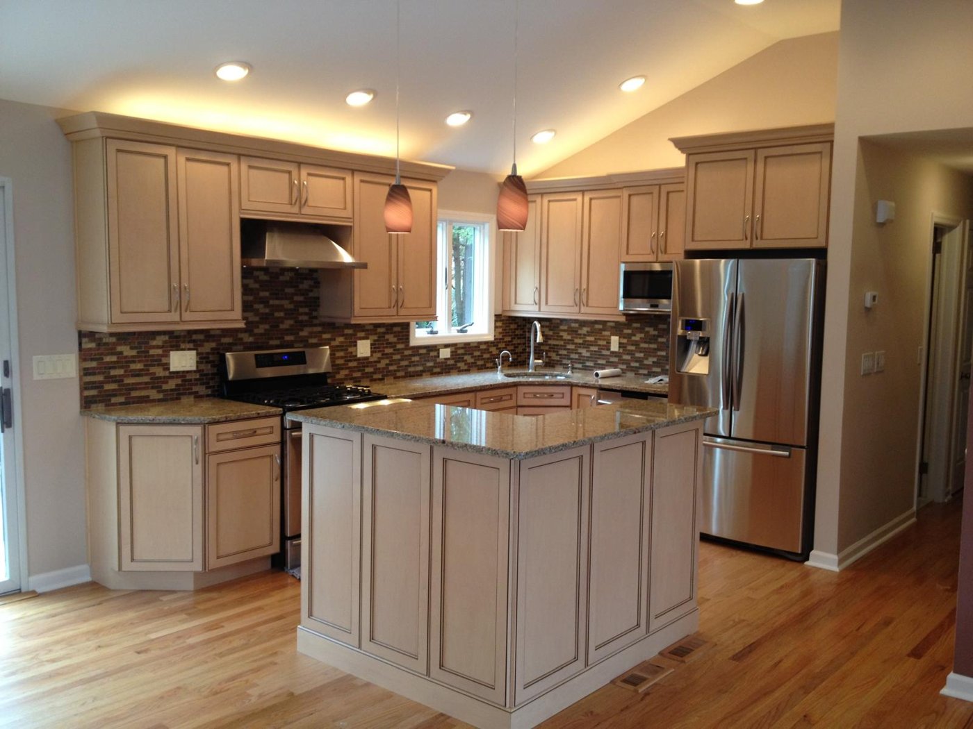 Completed cream glazed kitchen with vaulted ceiling Bergen County NJ Bergen Remodeling