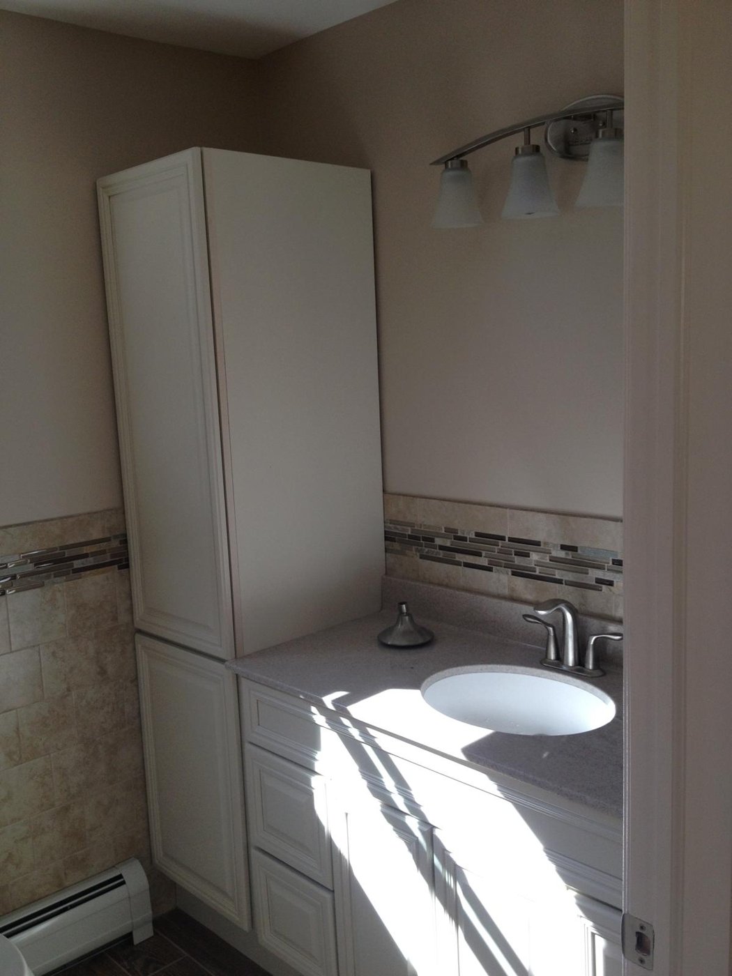 Completed spa bathroom vanity and storage Bergen County NJ Bergen Remodeling