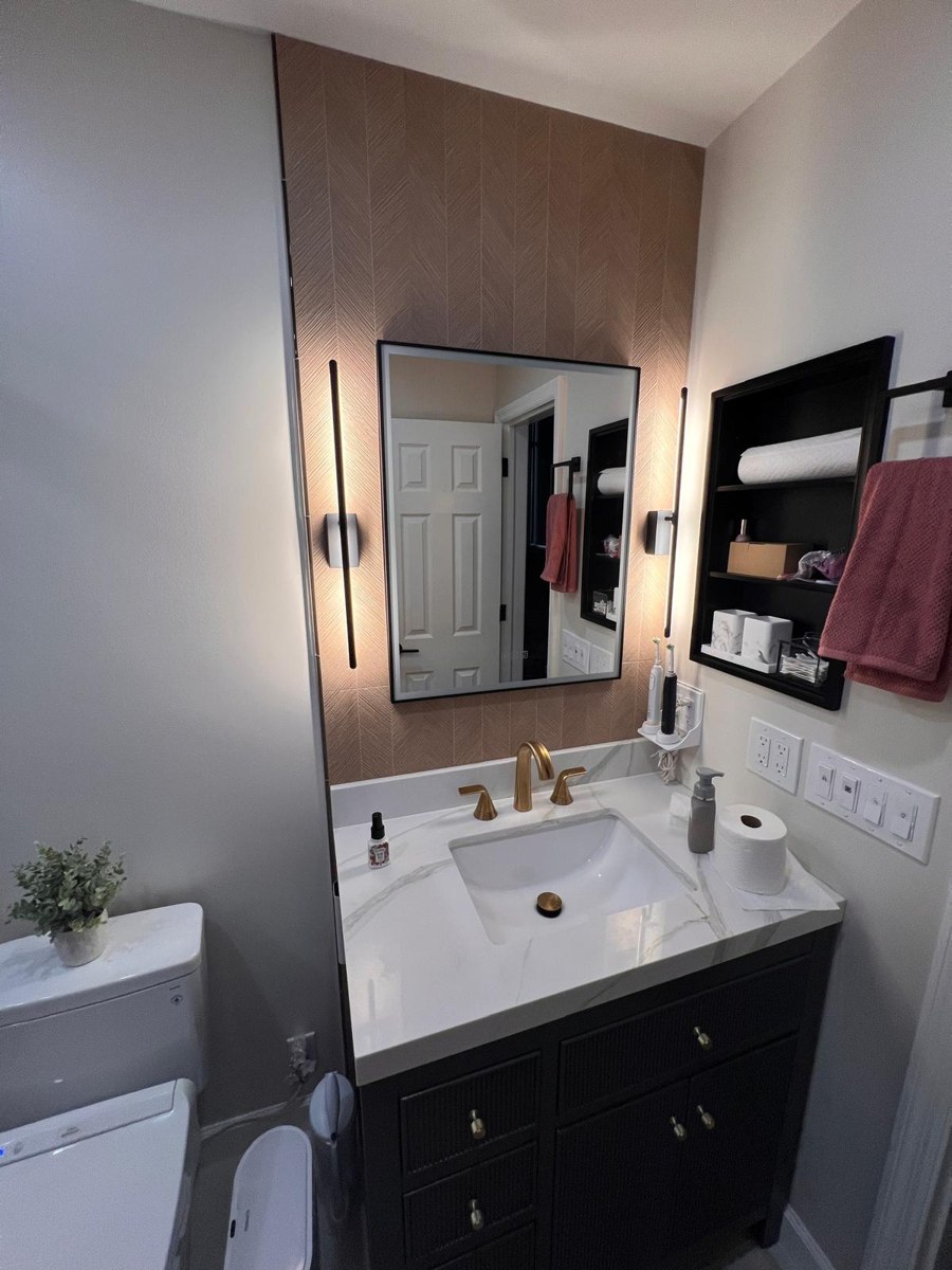 Custom master bathroom vanity with sconce lighting Bergen County NJ Bergen Remodeling
