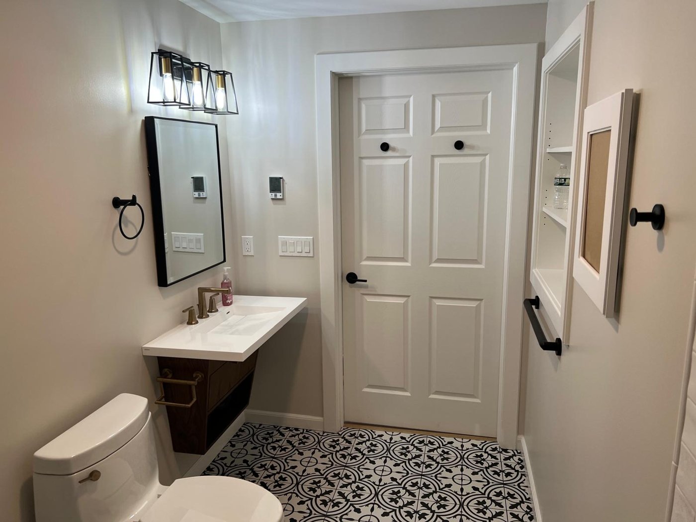 Custom vanity and patterned tile full bathroom Bergen County NJ Bergen Remodeling