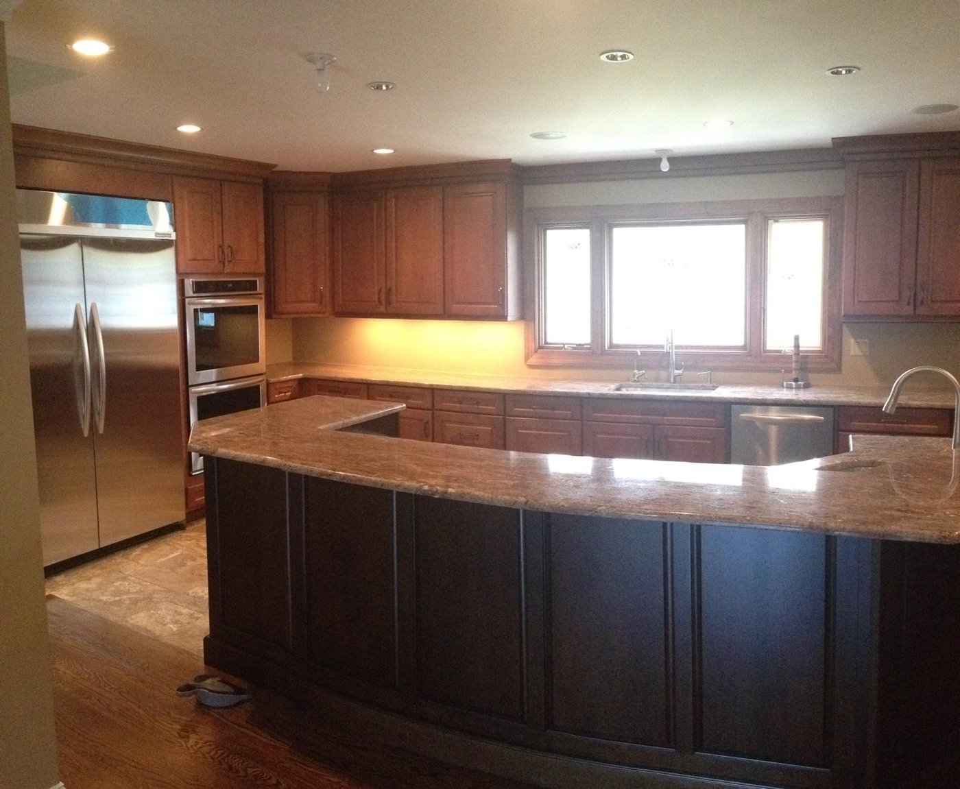 Espresso kitchen island and stainless appliances Bergen County NJ Bergen Remodeling