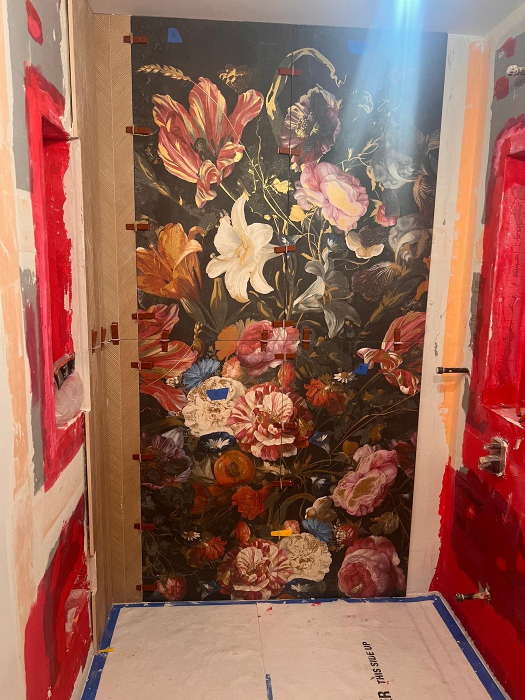 Floral feature wall bathroom work in progress Bergen County NJ Bergen Remodeling