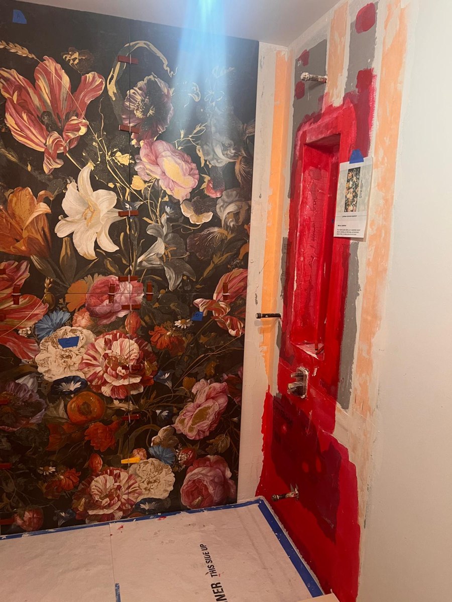 Master bathroom floral feature wall installation in progress Bergen County NJ Bergen Remodeling