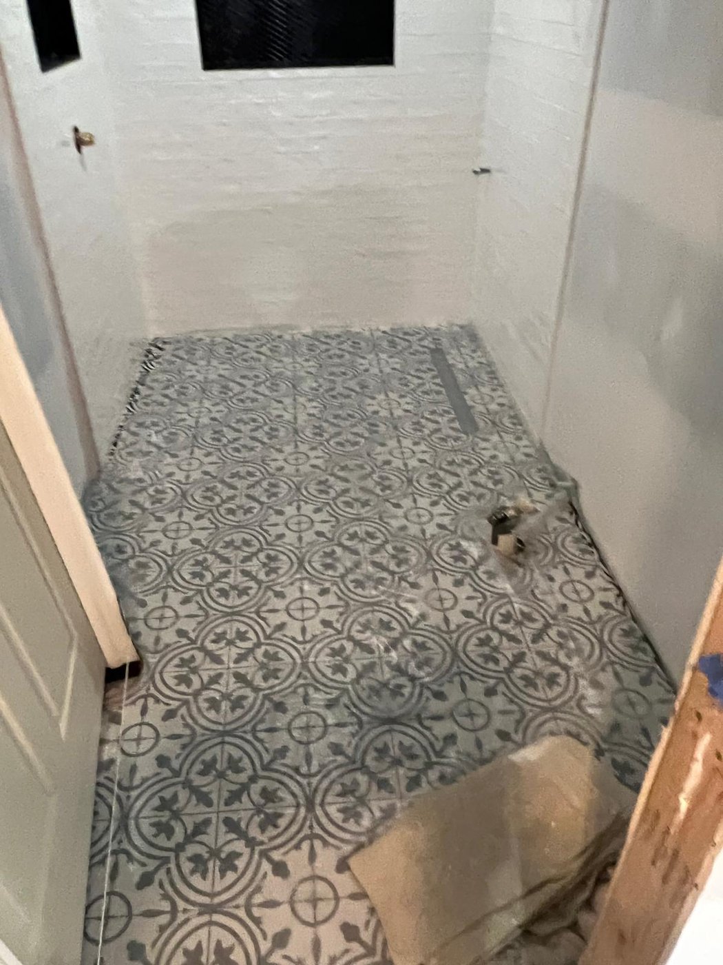 Patterned porcelain shower floor tile installation Bergen County NJ Bergen Remodeling